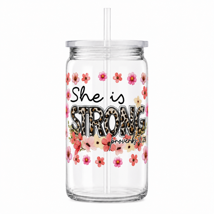 She Is Strong Proverbs 31:25 UV DTF Cup Wrap | Leopard Floral Christian Gift | 16 oz