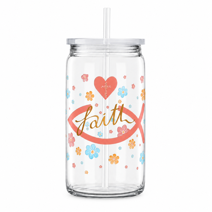Coral Floral Faith Christian Fish UV DTF Cup Wrap | 16 oz