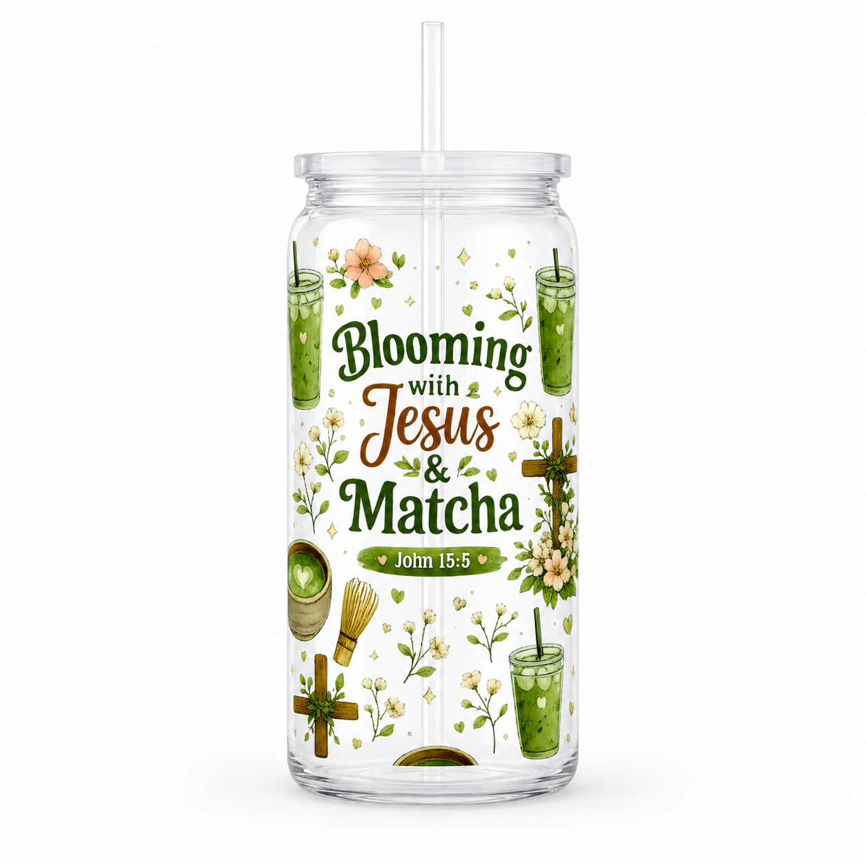 Blooming with Jesus and Matcha UV DTF Cup Wrap | Christian Matcha Gift | 16 oz