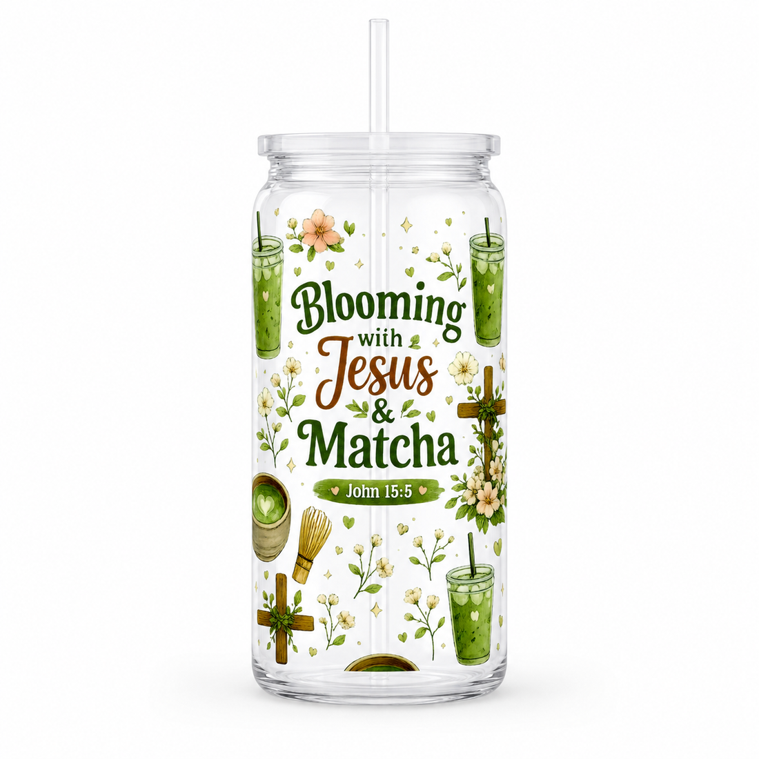 Blooming with Jesus and Matcha UV DTF Cup Wrap | Christian Matcha Gift | 16 oz