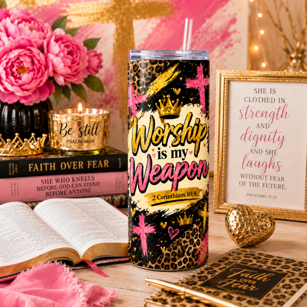 Worship Is My Weapon  | 2 Corinthians 10:4 Christian Pink Leopard Faith Cup