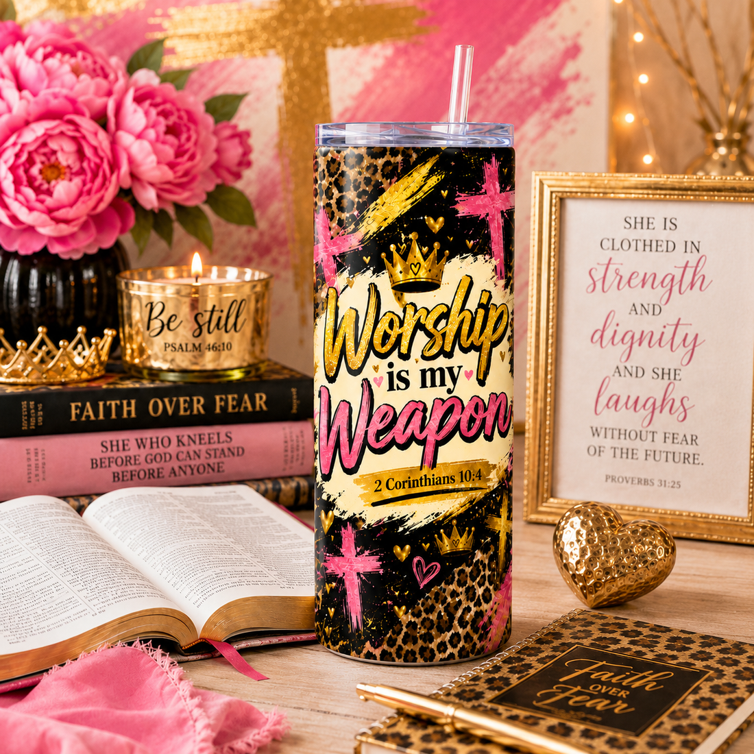 Worship Is My Weapon  | 2 Corinthians 10:4 Christian Pink Leopard Faith Cup