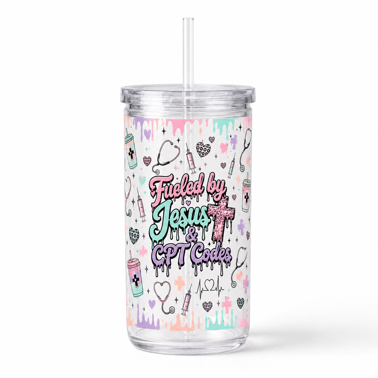 Fueled by Jesus & CPT Codes UV DTF Cup Wrap | Medical Coder 16 oz Acrylic Cup