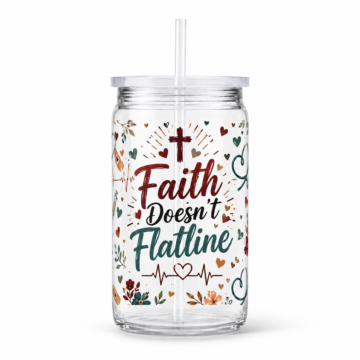 Faith Doesn’t Flatline UV DTF Cup Wrap | 16 oz Christian Healthcare Acrylic Cup