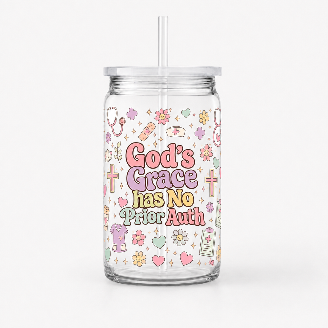 God’s Grace Has No Prior Auth UV DTF Cup Wrap | 16 oz Christian Healthcare Acrylic Cup