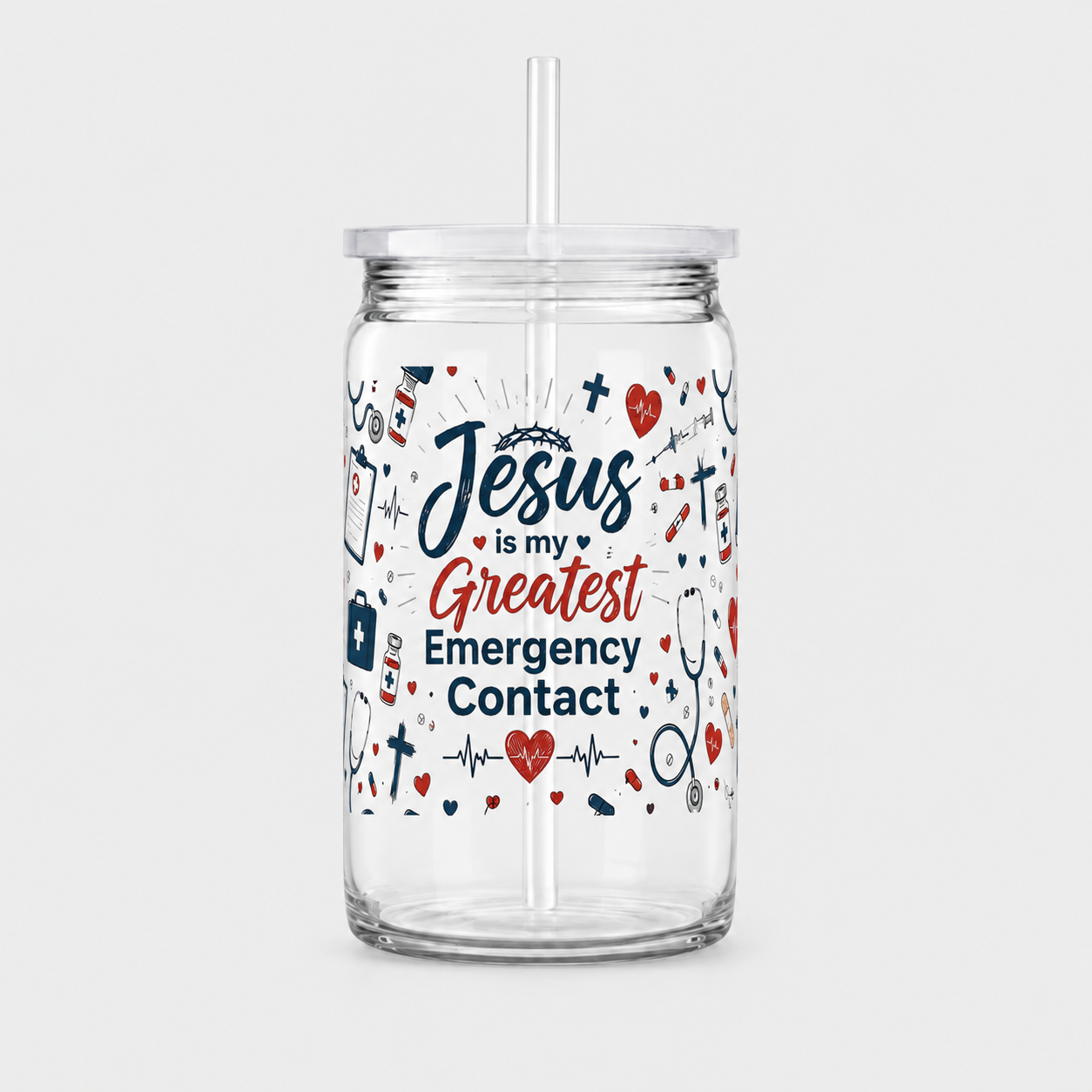 Jesus Is My Greatest Emergency Contact UV DTF Cup Wrap | 16 oz Christian Healthcare Cup