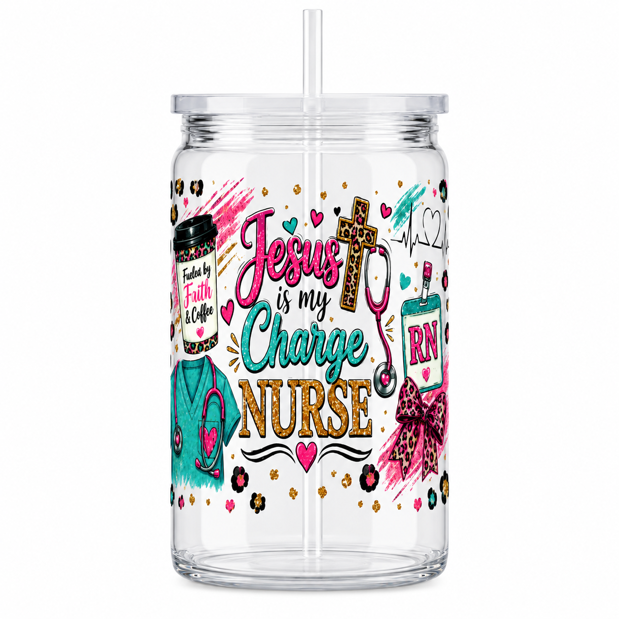 Jesus Is My Charge Nurse UV DTF Cup Wrap | Christian RN 16 oz Cup