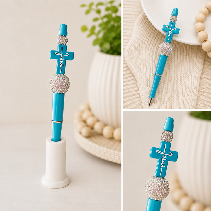 Turquoise Jesus Cross Beaded Pen | Christian Faith Gift | Rhinestone Pen