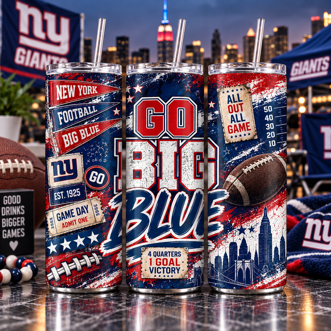 New York Football Inspired 20 oz Tumbler | Go Big Blue Game Day Cup | Red White and Blue