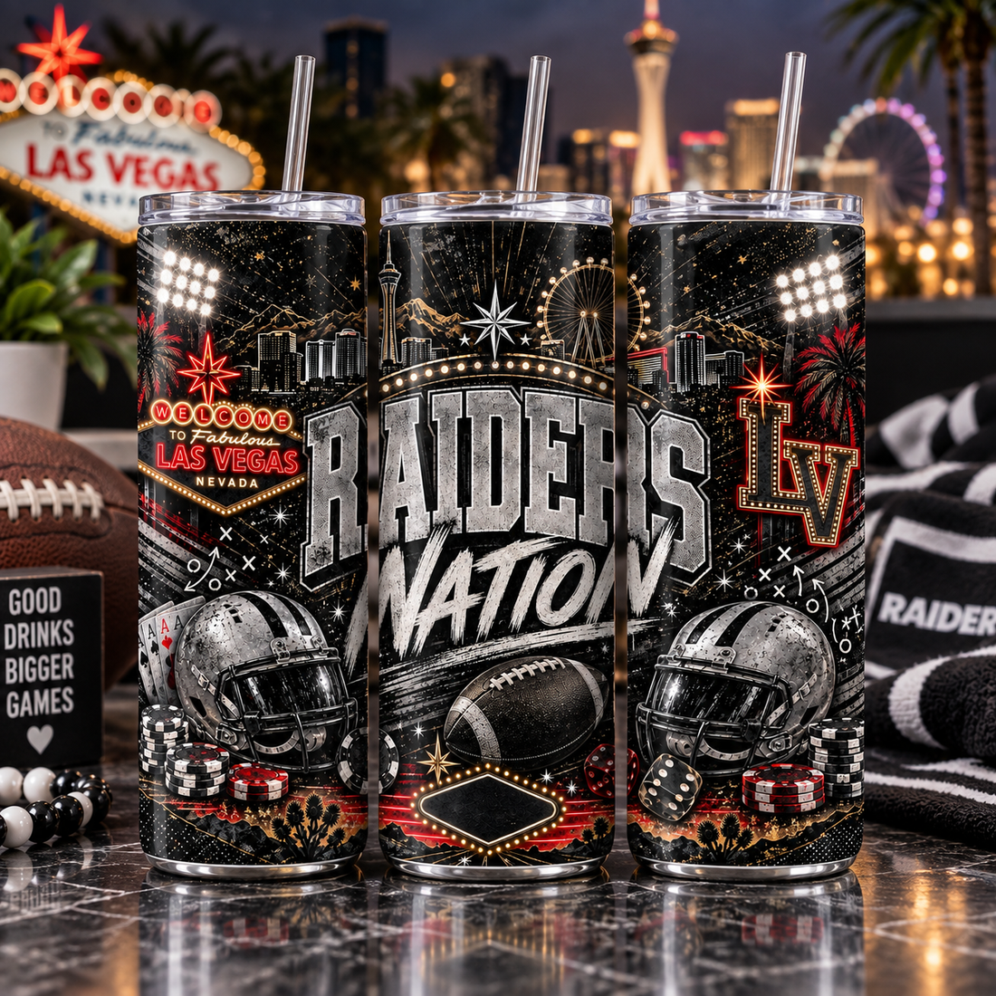 Las Vegas Football Inspired 20 oz Tumbler | Raiders Nation Game Day Cup | Black and Silver