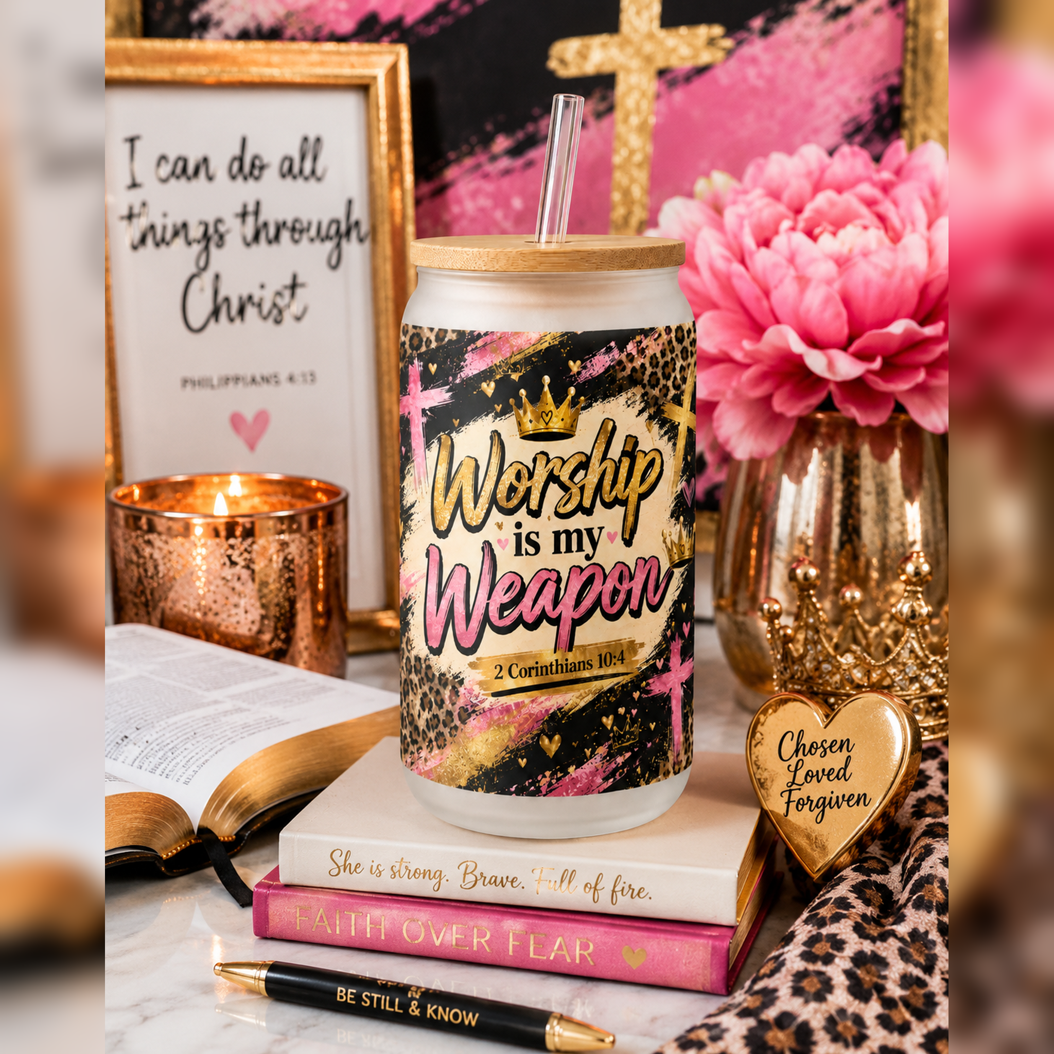 Worship Is My Weapon  | 2 Corinthians 10:4 Christian Pink Leopard Faith Cup