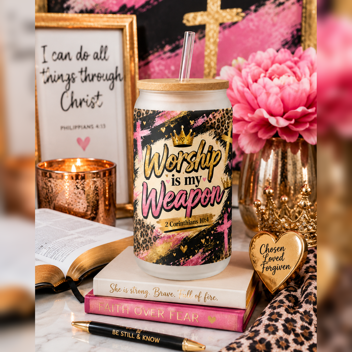Worship Is My Weapon  | 2 Corinthians 10:4 Christian Pink Leopard Faith Cup